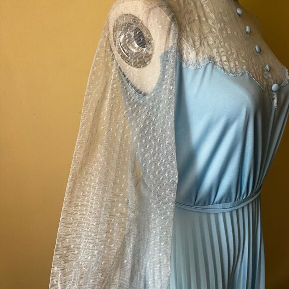 Vintage 70s Blue Lace Long Sleeve Nightgown Hostess Dress Victorian Small - Picture 9 of 12